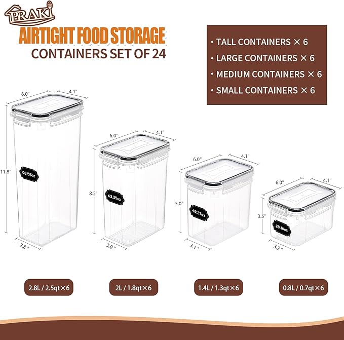 PRAKI Airtight Food Storage Containers Set with Lids - 24 PCS, BPA Free Kitchen and Pantry Organization, Plastic Leak-proof Canisters for Cereal Flour & Sugar - Labels & Marker-CasaMuseHome