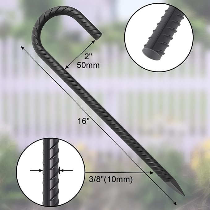 16 Inch Rebar Ground Stakes 24 Pack Heavy Duty J Hook Ground Anchors 3/8 Inch Diameter Steel Rebar Tent Stakes with Chisel Point End for Chain Link Fence, Canopy and Trampoline, Black-CasaMuseHome