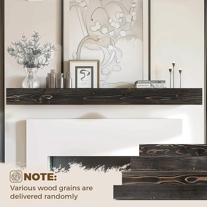 72x8x3 Fireplace Mantel - Handcrafted Hollow Rustic Solid Wood Wall Mounted Floating Shelf with Invisible Heavy Duty Wood Bracket (Weathered Black)-CasaMuseHome