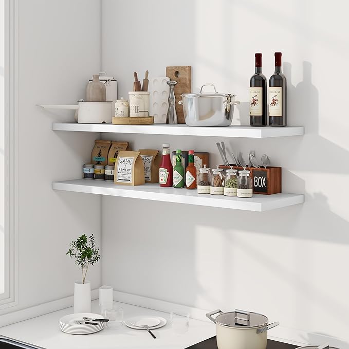 48" Floating Shelves for Wall, 12" Deep Slim White Floating Shelves, Wall-Mounted Shelves for Bedroom, Living Room, Kitchen, Bathroom - Set of 2-CasaMuseHome