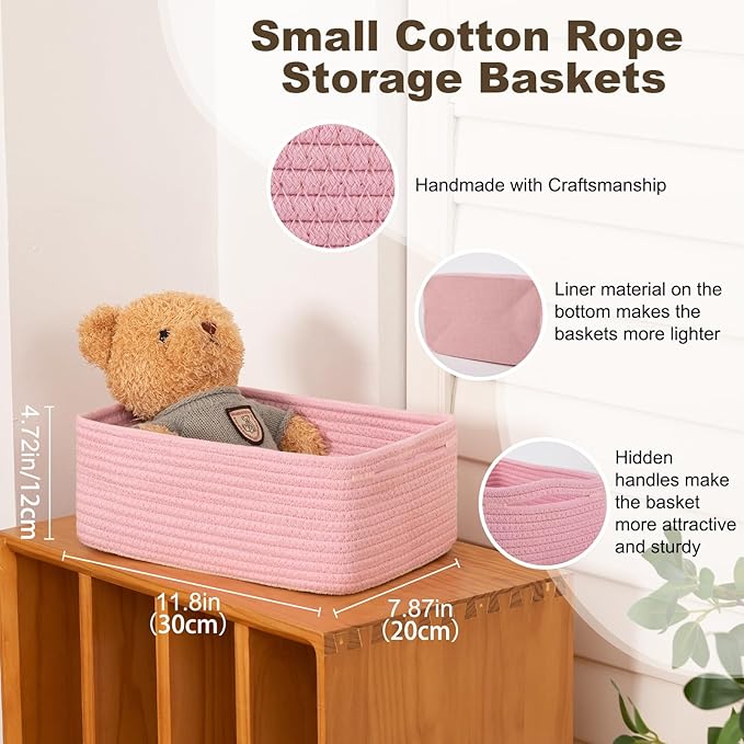 3 Pack Small Storage Baskets for Organizing, Cute Woven Decorative Gift Baskets for Shelves, Mini Closet Organizer Bins with Handles, 11.81''Lx7.87''Wx4.72''H-Pink-CasaMuseHome