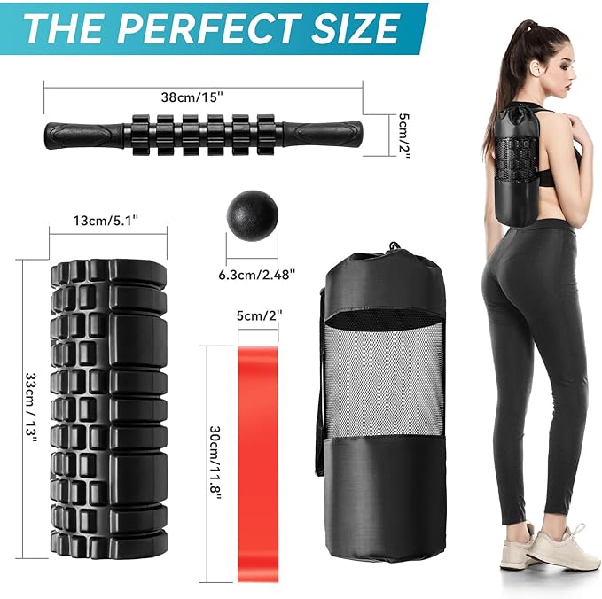 5 in1 Foam Roller Set for Deep Tissue Muscle Massage, High Density Fitness Exercise Foam Roller, Massage Roller, Massage Ball, Resistance Band, for Whole Body (Black)-CasaMuseHome