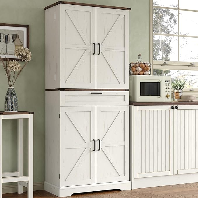 72'' Kitchen Storage Pantry Cabinet, Tall Storage Cabinet with 8 Door Shelves, 2 Cabinets and 1 Drawer, Freestanding Cupboard for Kitchen, Dining Room, Bathroom, Laundry, Off White-CasaMuseHome