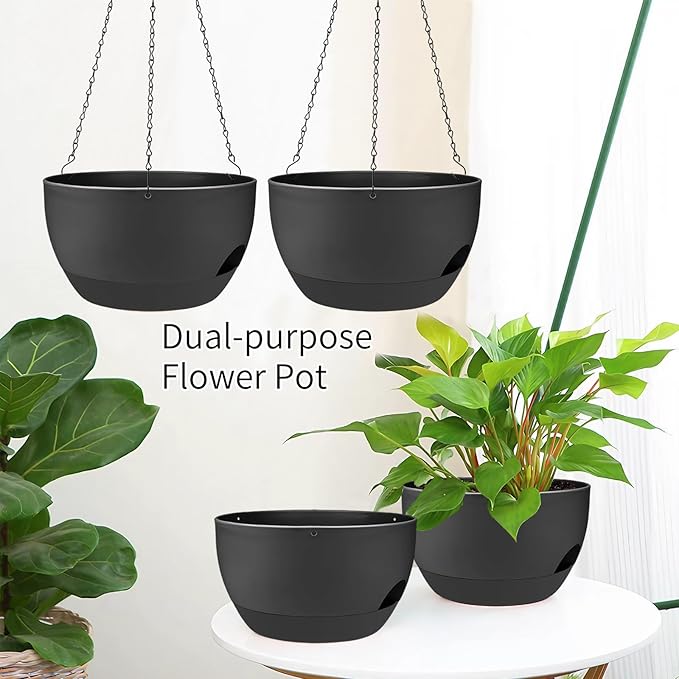 2 Pack Hanging Planters for Indoor Outdoor Plants, 12 Inch Self Watering Hanging Pot with Drainage Holes and Saucer, Plastic Plant Pots, Black Flower Pots for Kitchen, Balcony, Garden-CasaMuseHome
