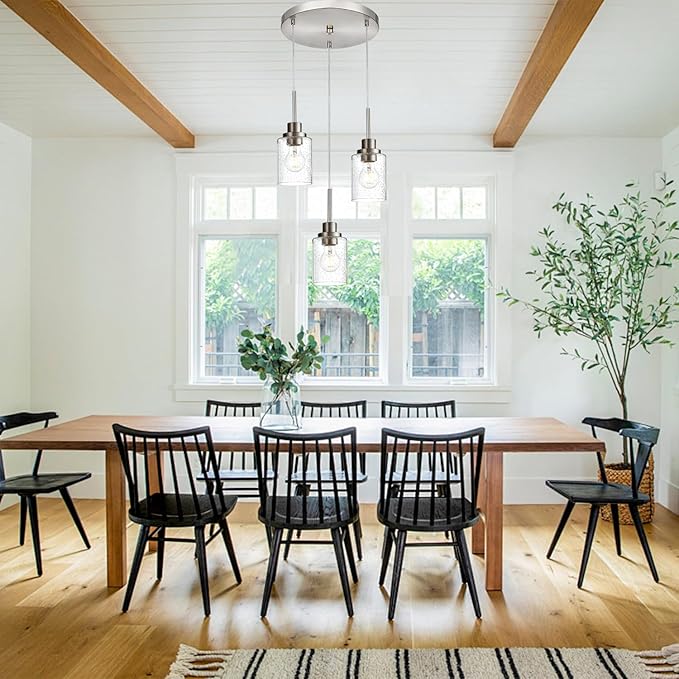 3-Light Contemporary Pendant Lighting with Clear Seeded Glass,Brushed Nickel Dining Room Chandelier Light Fixture Modern Kitchen Island Cluster Hanging Ceiling Pendant Lights for Sink Bar-CasaMuseHome