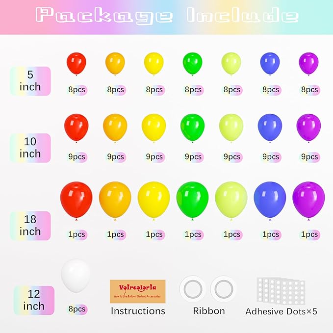 134pcs Rainbow Balloon Arch Kit Different Sizes 18" 12" 10" 5" Assorted Color Latex Balloon Garland Arch Kit for Birthday Baby Shower Graduation Wedding Gender Reveal Party Decorations-CasaMuseHome