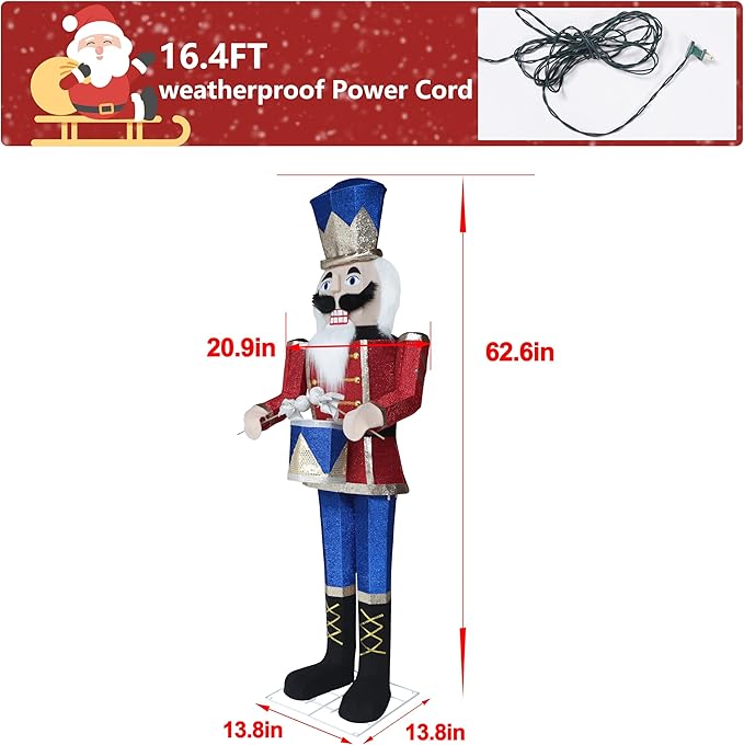 5FT Lighted Nutcracker with Drum for Christmas Decoration, Pre-Lit 3D Iridescent Soldier Xmas Decor with 100 Warm White Lights, Glittered Standing Holiday Display for Outdoor, Indoor-CasaMuseHome