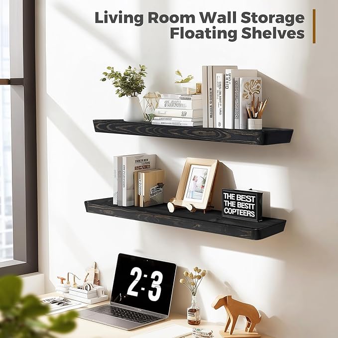 36"x6.8"x1.6" Slanted Floating Wall Shelves 2-Pack - Rustic Black Finish, Heavy-Duty Solid Wood Design with Hidden Brackets - Perfect for Living Room, Kitchen, Bathroom, or Office-CasaMuseHome