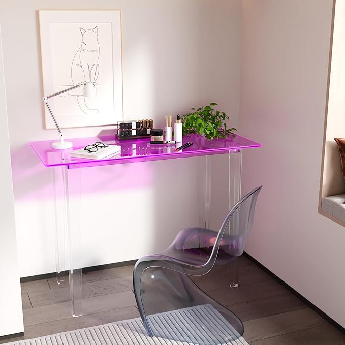 Acrylic Desk, Modern Study Table for HomeOffice-Extended Surface Multi-Purpose Console & EntrywayTable, Sturdy Lightweight Design（(42.5-inch, Pink)-CasaMuseHome