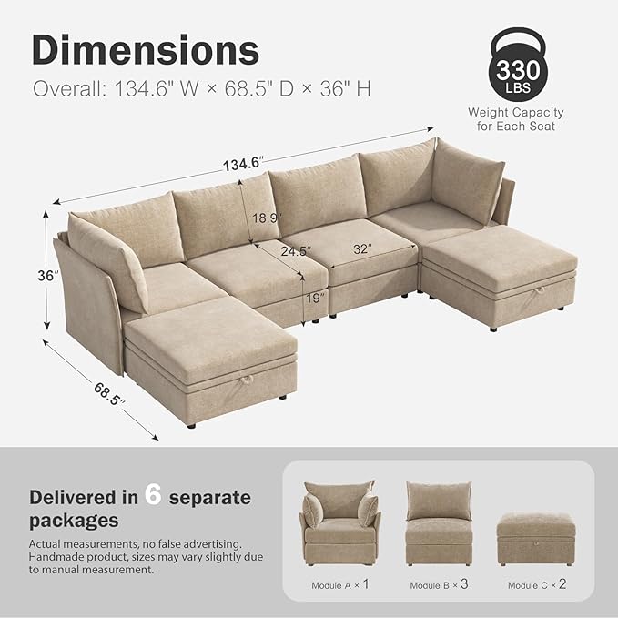 134.6" Oversized Modular Sectional Sofa, 6 Seater U Shaped Couch with Storage Ottoman with Reversible Chaise Deep Seat for Living Room, Apartment - Chenille Beige-CasaMuseHome