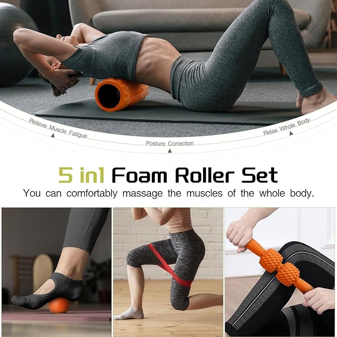 5-in-1 Foam Roller Set, Massage Roller Stick, Massage Ball, Resistance Band for Deep Muscle Massage, Trigger Point Release, Pilates, Yoga (Orange)-CasaMuseHome