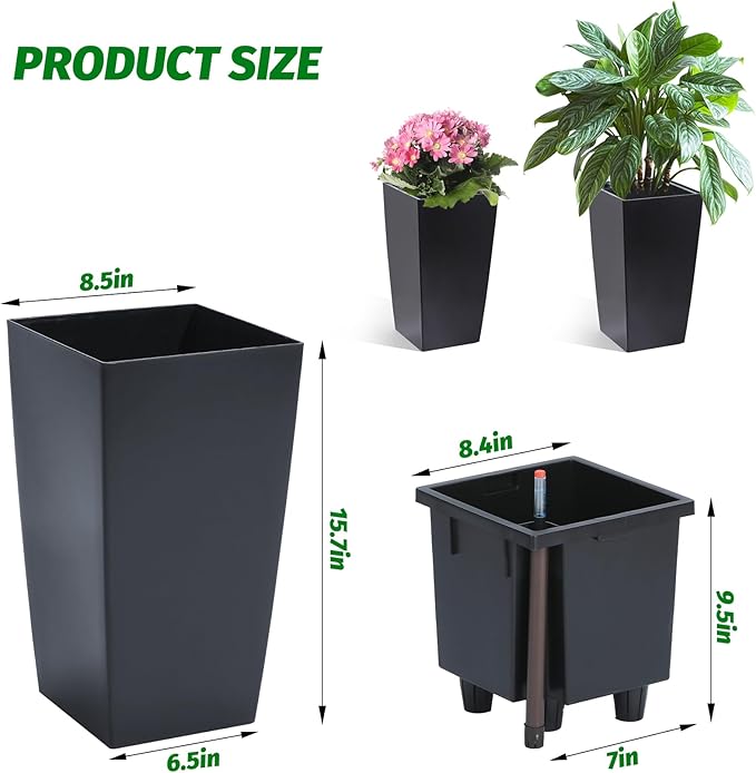 16" Tall Planters Set of 2, Outdoor＆Indoor Black Planter Pots, High Front Porch Planter Pots with Drainage Holes＆Water Level Monitor＆Inner Bucket, Automatic Watering,Black-CasaMuseHome