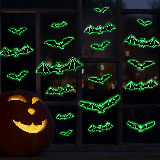 3 Sheets Glow in The Dark Halloween Skeleton Bat Decals Luminous Halloween Skeleton Bat Stickers Removable Bat Wall Decor Glowing Window Clings for Scary Halloween Theme Party Decorations-CasaMuseHome