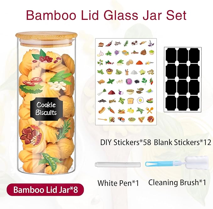 32 oz 8 Pcs Glass Jars with Bamboo Lids, Stackable Clear Food Storage Jars, Airtight Kichen Glass Pantry Storage Containers with Lids for Rice, Candy, Sugar, Flour, Nuts, Cookie, Coffee Bean-CasaMuseHome