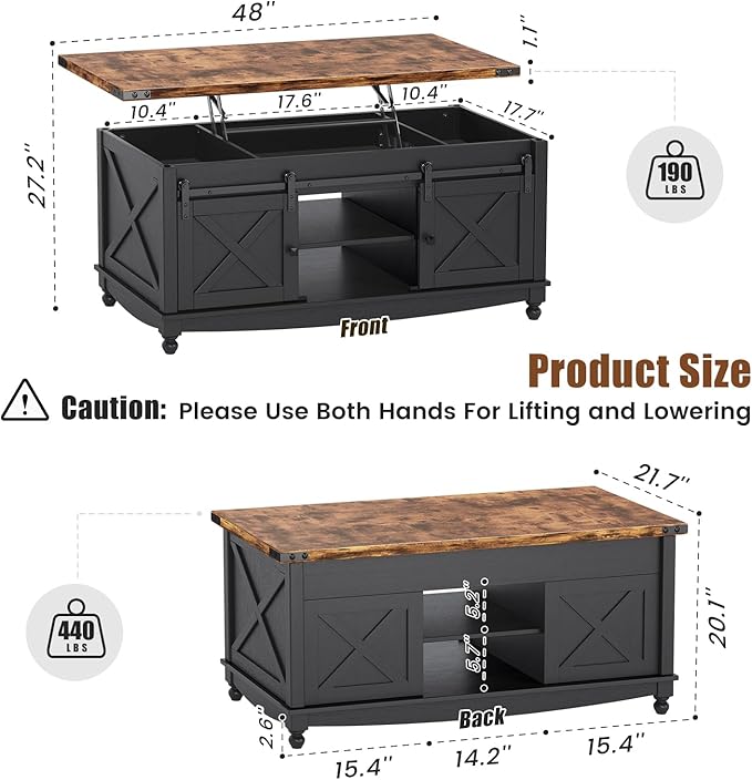 48" Farmhouse Lift Top Coffee Table with Storage Sliding Barn Door & Large Hidden Compartment, Coffee Table with Lifting Top with Wooden Lift Tabletop, Coffee Tables for Living Room, Black-CasaMuseHome