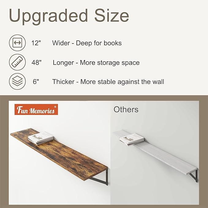 12 Inch Deep Floating Shelves,48W x 12D Floating Shelves, Deep Wall Shelves Bracket Set of 2, Large Display Floating Shelf for Bathroom, Living Room, Wide Storage Wooden Wall Shelf, Rustic Brown-CasaMuseHome