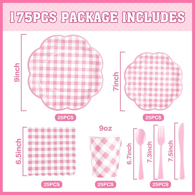 175 Pcs Pink Gingham Plates and Napkins Party Supplies - Pink and White Checkered Plates Sets Serve 25 Guests - Scalloped Gingham Paper Plate for Birthday Wedding Picnic Party Decorations-CasaMuseHome