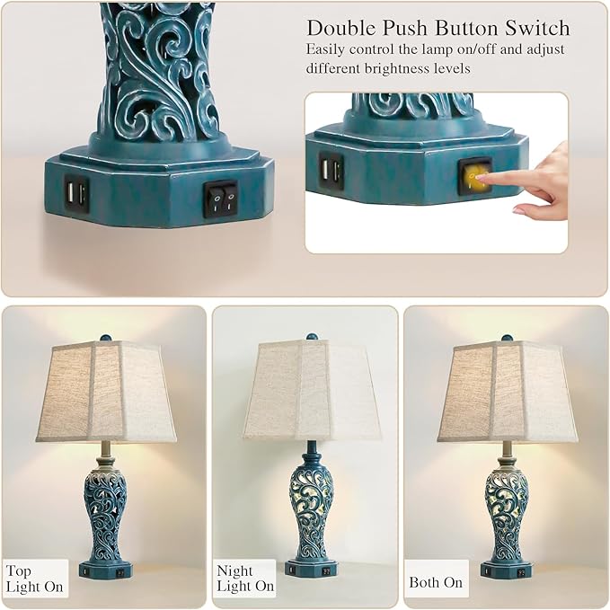 25'' Farmhouse Table Lamps Set of 2 for Living Room Bedroom, 2 USB Ports Coastal Vintage Table Lamp with Nightlight, Blue Green Hollow Out Resin Lamp for End Table (Bulbs Included)-CasaMuseHome