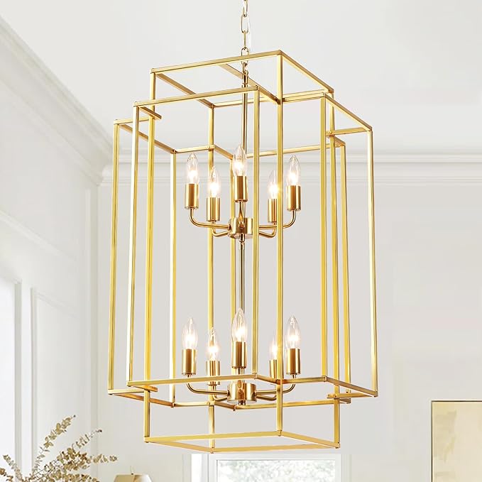 30" Farmhouse Gold Chandelier, 10-Light Foyer Lighting Fixtures, Lantern Tiered Pendant Light Fixtures, Metal Rustic High Ceiling Chandelier for Dining Room Entryway Staircase-CasaMuseHome