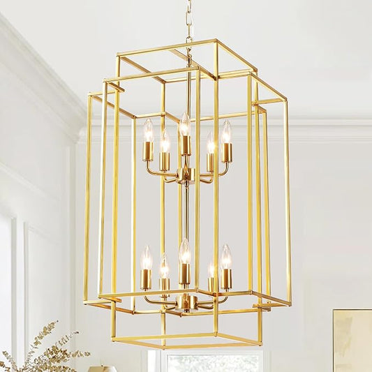 30" Farmhouse Gold Chandelier, 10-Light Foyer Lighting Fixtures, Lantern Tiered Pendant Light Fixtures, Metal Rustic High Ceiling Chandelier for Dining Room Entryway Staircase-CasaMuseHome