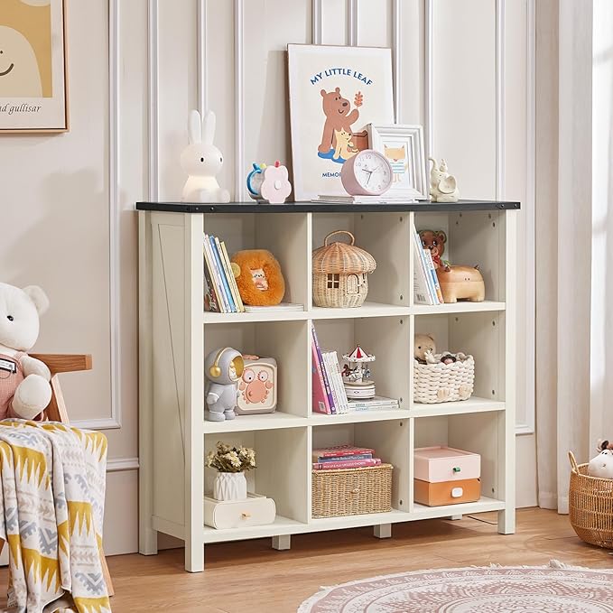 9 Cube Bookcase, Farmhouse 47 Inch Wide White Bookshelf, Wooden 3 Tier Display Large Open Book Shelf, Vintage Horizontal Book Case for Home Office, Cubby Storage Cabinet for Living Room-CasaMuseHome