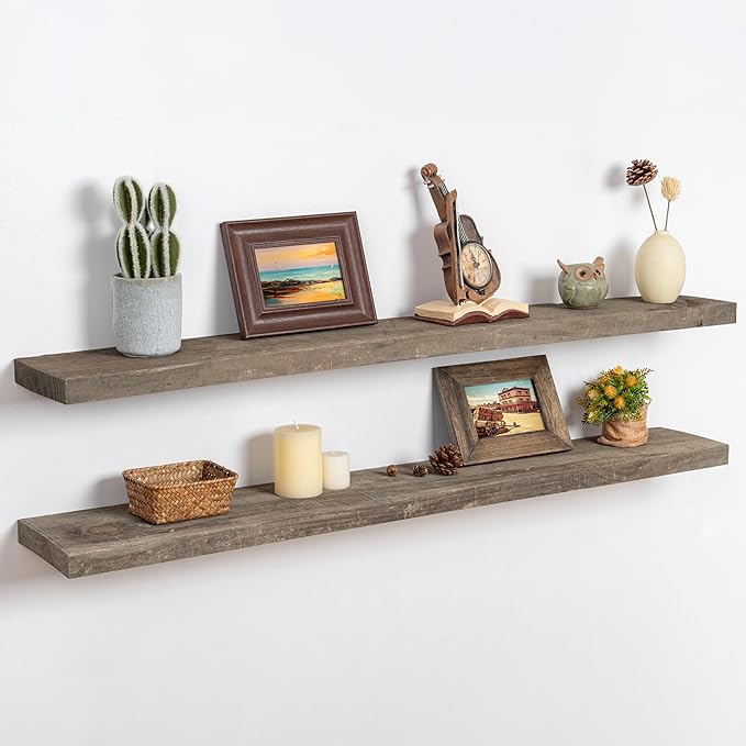 48 Inch Fireplace Mantel Shelf - 8 Inch Deep Rustic Solid Reclaimed Wood Floating Shelf, Wall Mounted Farmhouse Display Shelf with Invisible Heavy Duty Metal Bracket, Set of 2, Cement Grey-CasaMuseHome