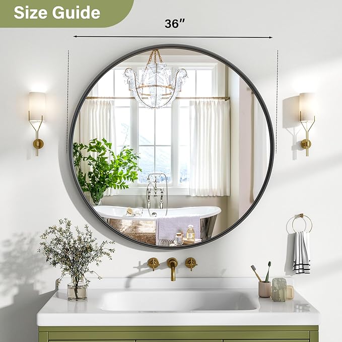36 Inch Round Bathroom Mirror - Wall Mounted Circle Mirror with Metal Frame, Modern Mirror Suitable for Bathroom, Vanity, Entryway, Living Room, Wall Decor,Black-CasaMuseHome