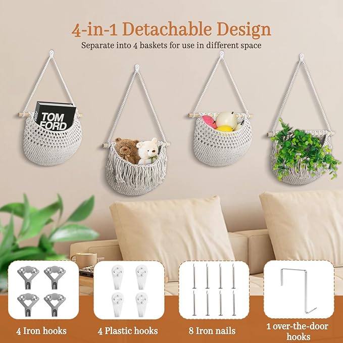 4 Tier Hanging Fruit Basket for Kitchen, 4 Pack Detachable Cotton Crocheted Wall Hanging Baskets Shelf Over Door Organizer for Fruit Veggie Plant, Hanging Storage Basket for Bathroom Bedroom(Beige)-CasaMuseHome