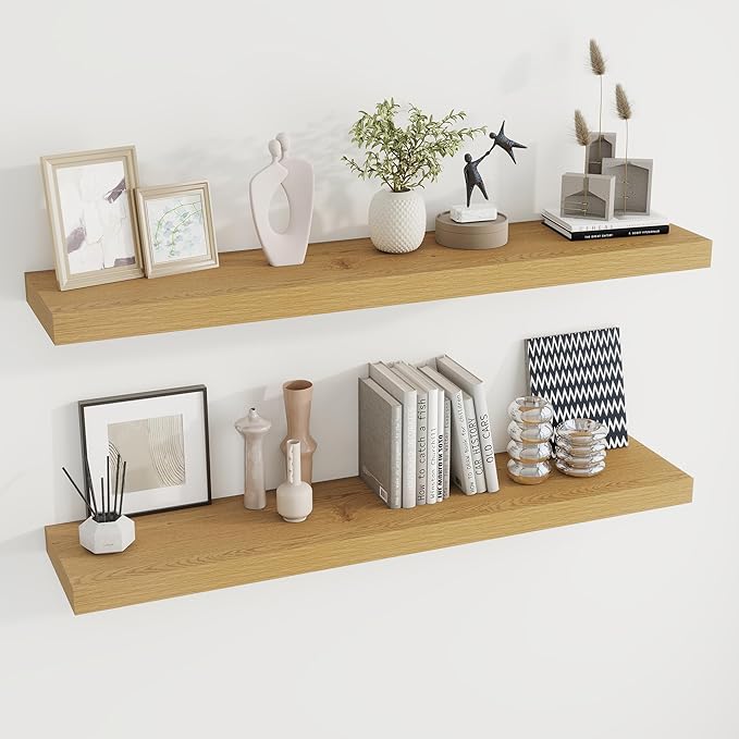48 inch Floating Shelves for Wall Large Wall Mounted Shelves with Invisible Brackets, Oak Long Shelves for Bathroom, Living Room, Kitchen, Office, 48x9.1 inch deep Set of 2-CasaMuseHome