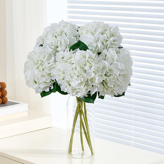 8Pcs White Fake Flowers Silk Hydrangea Artificial Flowers Bouquets Faux Ivory Hydrangea Stems for Home Table Centerpieces Wedding Party Decoration-CasaMuseHome