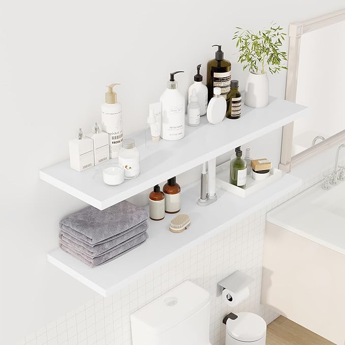 48" Floating Shelves for Wall, 12" Deep Slim White Floating Shelves, Wall-Mounted Shelves for Bedroom, Living Room, Kitchen, Bathroom - Set of 2-CasaMuseHome