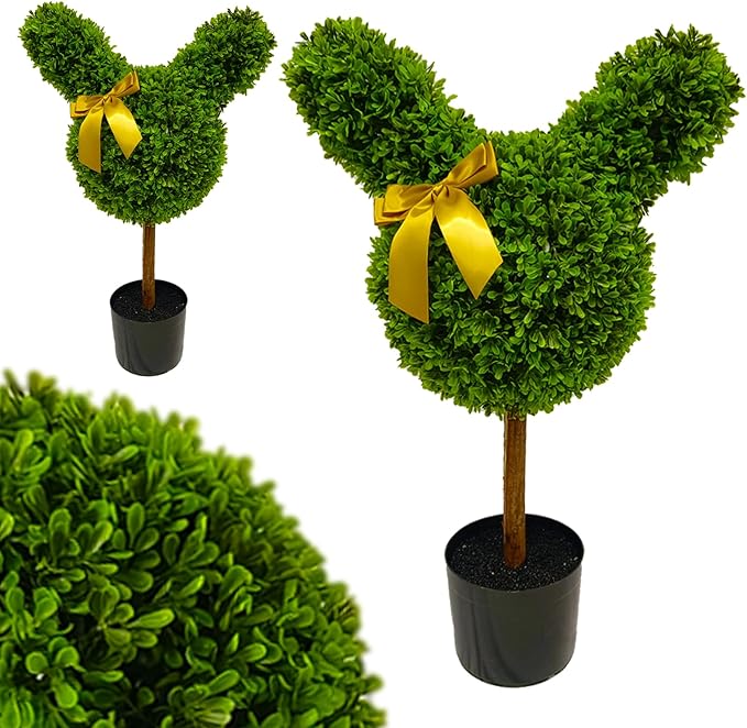 2 Pcs Artificial Bunny Shaped Topiary Trees, Artificial Green Boxwood Bunny Decorations with Gold Bow, Perfect for Indoor & Outdoor Front Porch, Easter& Garden Decor (Bunny Shaped Topiary Tree)-CasaMuseHome