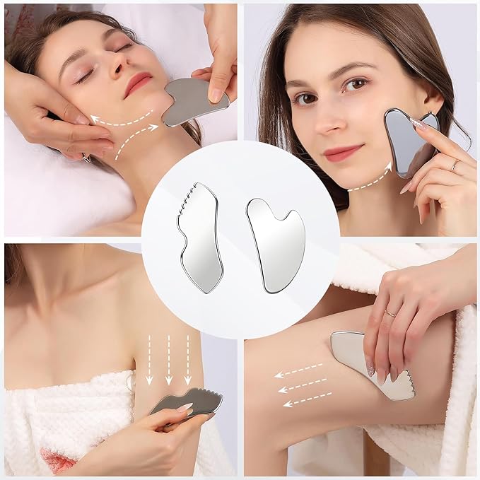 2Pcs Stainless Steel Gua Sha Facial Tools Set, Metal Face Comb Detail Skin Care Tools, Body and Face Gua Sha Sculpting for Tighten Skin Lymphatic Drainage-CasaMuseHome