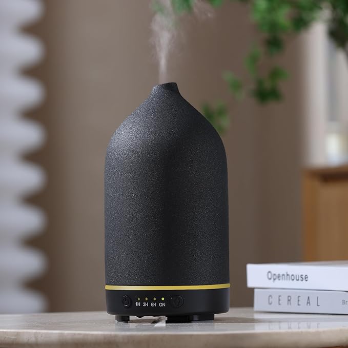 200ML Ceramic Essential Oil Diffuser - Ultrasonic Aromatherapy & Humidifier with 7-Color LED Lights, Auto Shut-Off, Black, 1H/3H/6H Timer | Scent for Home, Office, Yoga-CasaMuseHome