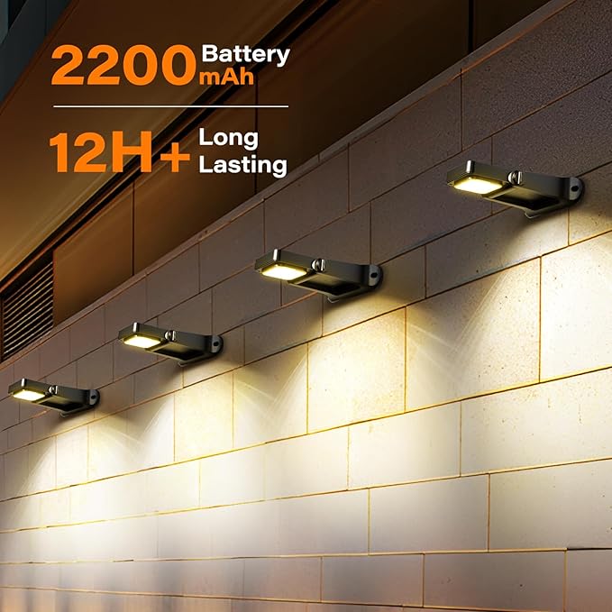 200LM Solar Wall Lights Outdoor 6 Colors, 2200mAh Long Lasting Solar Powered Deck Lights, 360° Adjustable Porch Light IP65 Waterproof, Glass Panel Fence Light for Gutter, Step, 2 Pack-CasaMuseHome