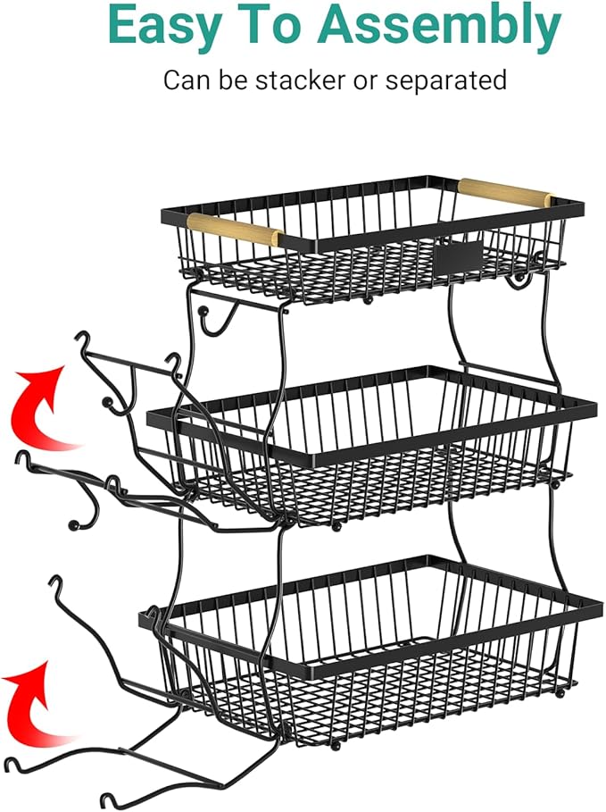 3 Tier Fruit Basket for Kitchen Counter with 2 Banana Hangers, Countertop Metal Fruit Bowl with Wooden Handle, Large Storage Stand for Vegetables, Snacks, Breads, Produce Storage – Black-CasaMuseHome