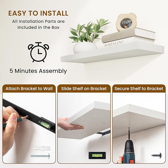 36 Inch Floating Shelves, 9.3 Inch Deep Rustic Wall Shelves - Extra Deeper Wall Mounted Storage Shelves for Bathroom, Kitchen, Living Room (White, Set of 2)-CasaMuseHome