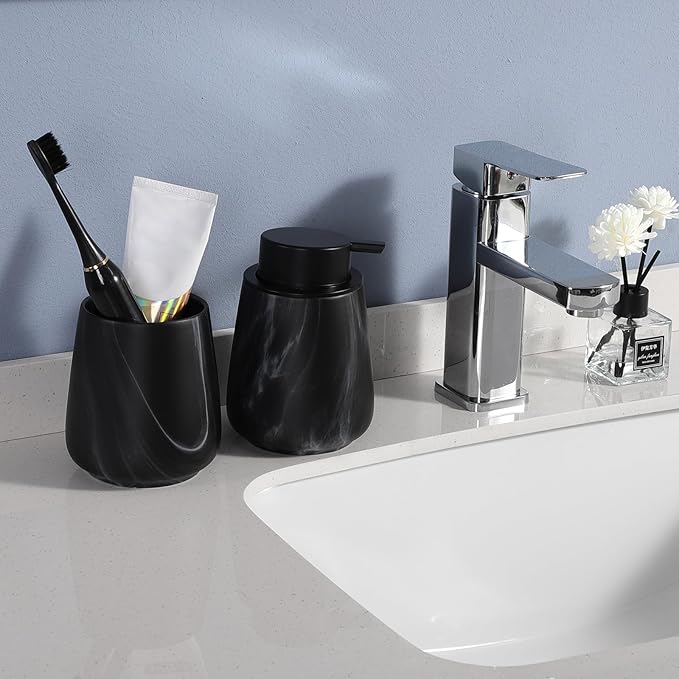 2Pcs Toothbrush Holder for Bathroom - Marble Black Ceramic Tooth Brushing Holders Set, Toothbrush Cup & Toothpaste Organizer for Bathroom Countertop, Makeup Brush Holder, Pen Holder for Home Storage-CasaMuseHome