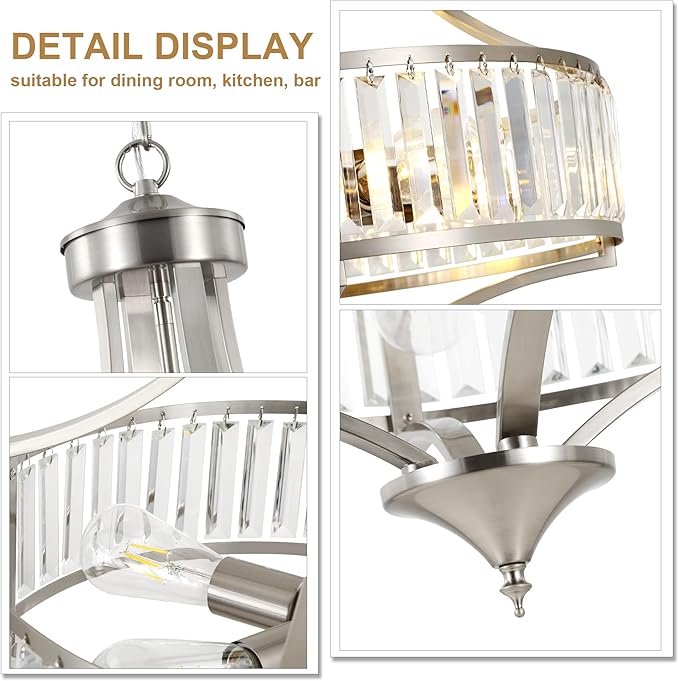 20" Brushed Nickel Chandeliers for Dining Room, 5-Light Modern Crystal Chandelier for Entryway, Hanging Round Light Fixture for Kitchen Island Living Room Bedroom Office Bathroom Staircase-CasaMuseHome