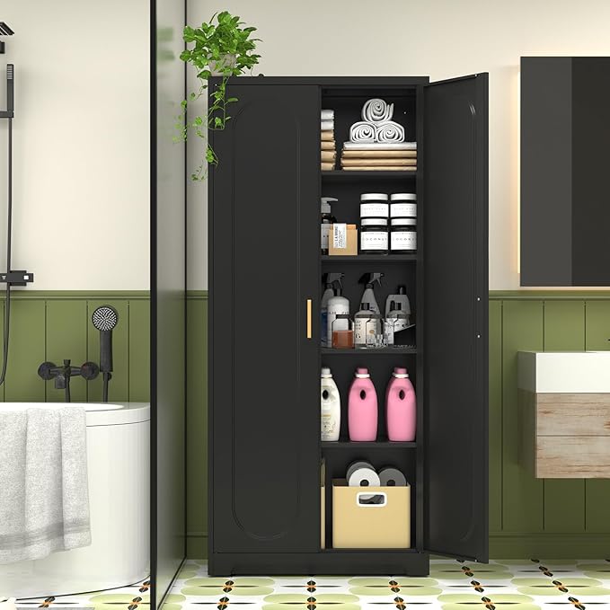 71" Tall Kitchen Pantry Cabinet, Pantry Storage Cabinet with Doors and Shelves, Metal Food Pantry Cabinets with Handles, Black Freestanding Cupboard for Living&Dining Room-Assemble Required-CasaMuseHome