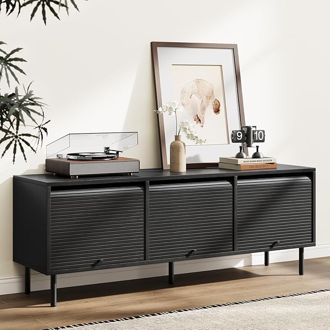 59 Inch TV Stand with Power Outlet for TVs up to 65 Inch, Entertainment Center with Storage, Mid-Century Modern TV Console, Adjustable Shelf & Sliding Doors, TV Stand for Living Room, Bedroom, Black-CasaMuseHome