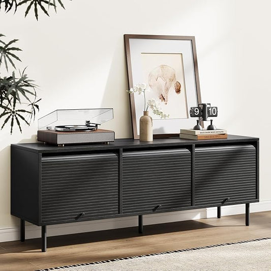 59 Inch TV Stand with Power Outlet for TVs up to 65 Inch, Entertainment Center with Storage, Mid-Century Modern TV Console, Adjustable Shelf & Sliding Doors, TV Stand for Living Room, Bedroom, Black-CasaMuseHome
