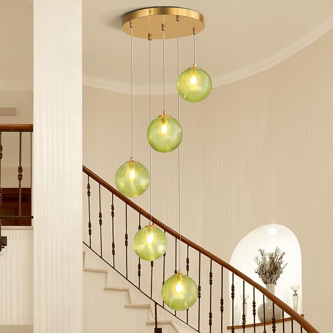5-Light Chandelier, Globe Green Glass Flush Mount Pendant Light,15W Ceiling Hanging Light for Staircase Foyer Entryway Living Room Hotel Kitchen Island（3000K,G9 Bulbs Include）-CasaMuseHome