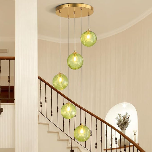 5-Light Chandelier, Globe Green Glass Flush Mount Pendant Light,15W Ceiling Hanging Light for Staircase Foyer Entryway Living Room Hotel Kitchen Island（3000K,G9 Bulbs Include）-CasaMuseHome