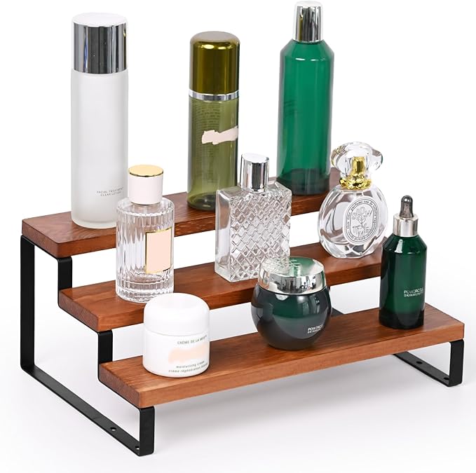 3 Tier Wooden Display Riser Stand Perfume Organizer with Metal Stand, Dessert Table Display Set, Food Display Stands for Party, Brown Rustic Solid Wood Shelf for Cupcakes, Perfume, Cologne, Spiece-CasaMuseHome