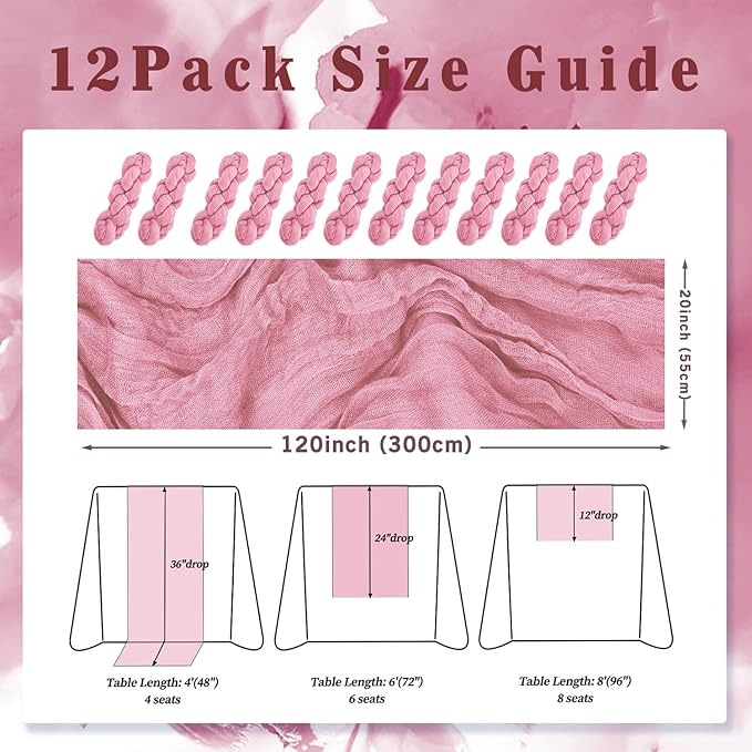 12 Pack Dusty Rose 10FT Cheesecloth Table Runner 20 x 120 Inch Long Rustic Gauze Fabric Cheese Cloth Table Runner for Wedding Bridal Baby Shower Table Decorations Boho Sheer Birthday Party Table Decor-CasaMuseHome