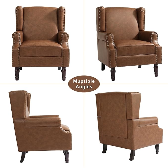 Accent Chairs, Faux Leather High Back Armchair setof 2 or Living Room, Comfy Upholstered Single Sofa Reading Chairs with Solid Wood Legs for Office, Bedroom, Waiting Room-Leather Brown-CasaMuseHome