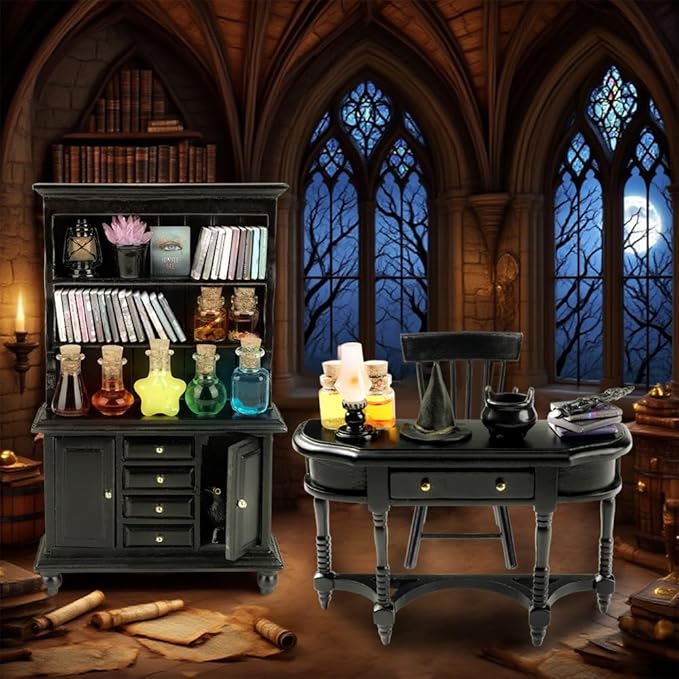56 Pcs Halloween Miniatures Decorations 1:12 Scale Magic House Accessories Mini Wooden Bookshelf Furniture Set Tiny Sorcery Bottles Books Desk Chair Witch Hat Dollhouse Decor-CasaMuseHome