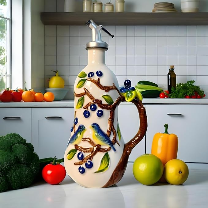 18 Oz Hand Painted Relief Ceramic Olive Oil Bottle Dispenser for Kitchen, Oil and Vinegar Bottle, Seasoning Bottle with Stainless Steel Nozzle, 540mL Oil Container with Handle for Cooking, Light Proof-CasaMuseHome