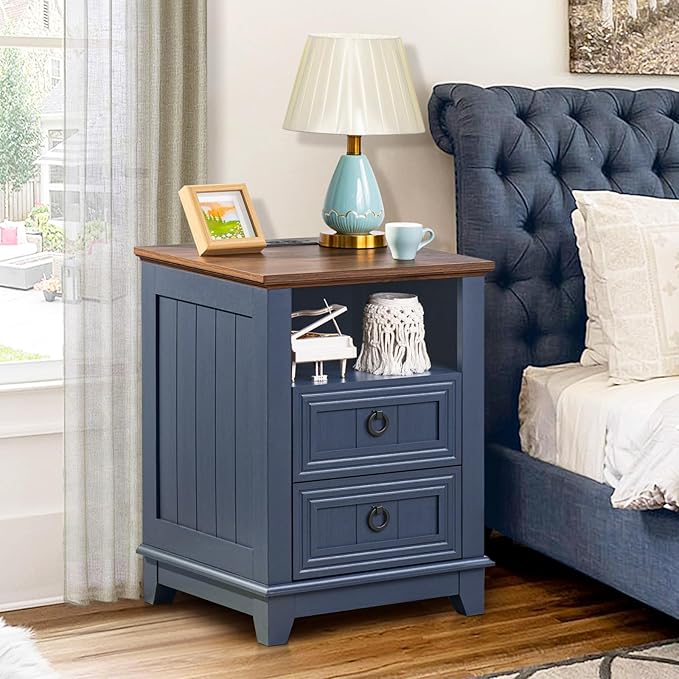 18" Farmhouse Night Stands Set of 2 with Charging Station, 2 Drawers End Table Dresser for Bedroom, Blue Wooden Nightstand, Bed Side Table with Open Shelf, Bedside Cabinet for Living Room-CasaMuseHome